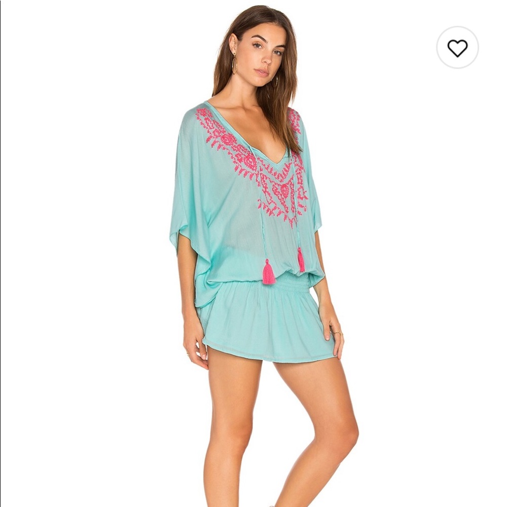 Margarita coverup dress by tiare Hawaii in turquoise with pink embroidery